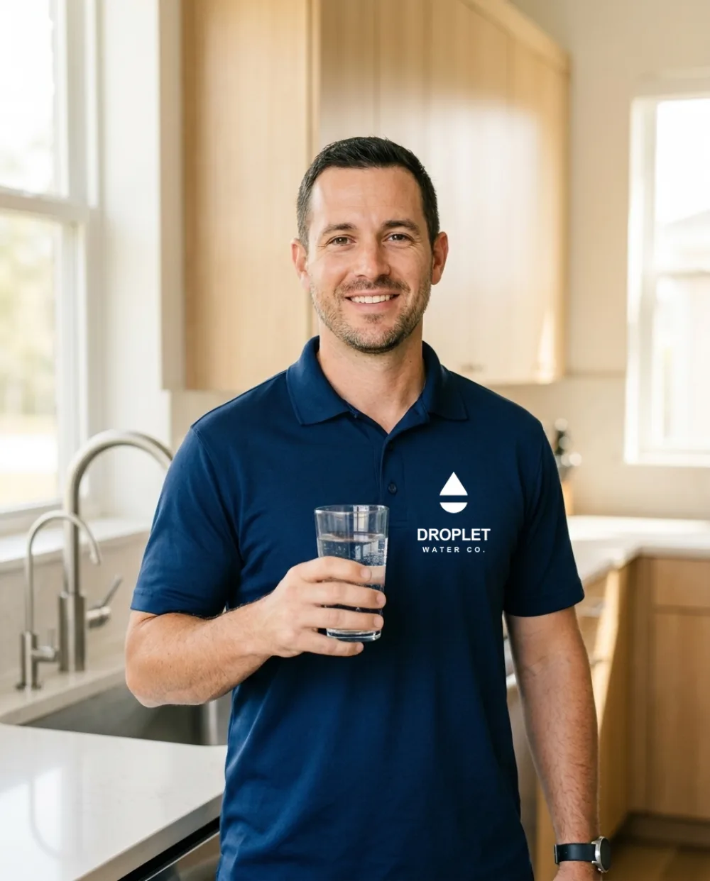 Droplet Water Co. water treatment technician in a branded polo holding a glass of clean water in a Tampa kitchen with a reverse osmosis drinking tap