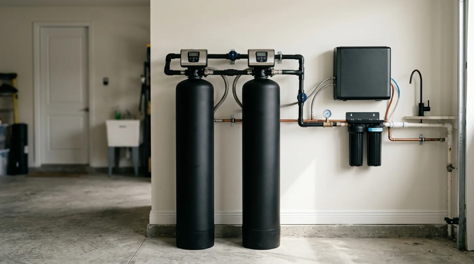 Premium whole-home water treatment system — matte-black filtration and softener tanks with a reverse osmosis unit — professionally installed in a Tampa garage