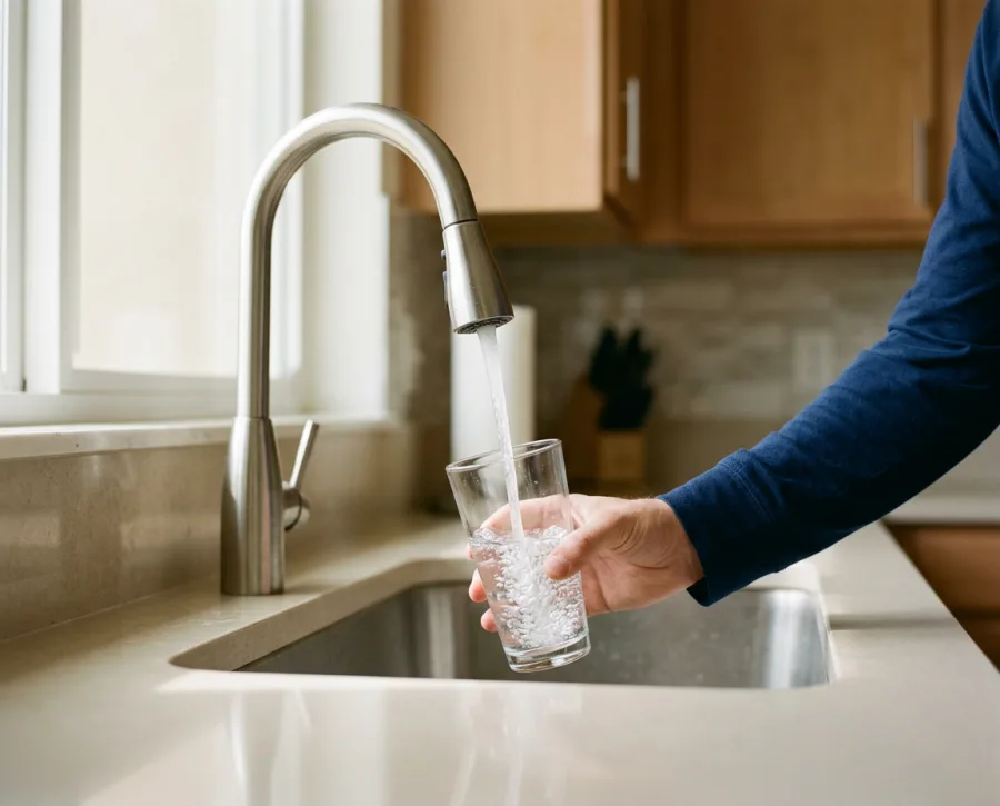 Clean, filtered drinking water poured from a kitchen tap in a Tampa home