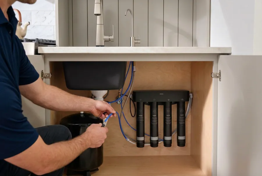 Sleek under-sink reverse osmosis drinking water system