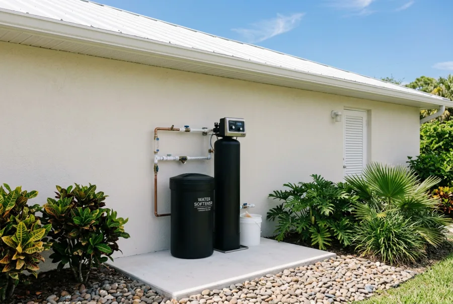 Premium water softener with salt tank installed outside a Tampa home