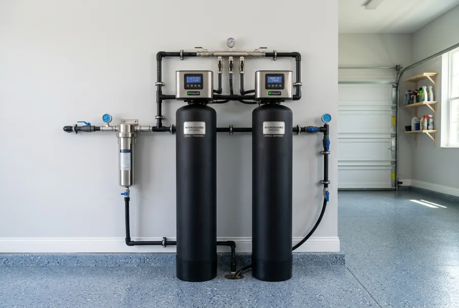 Premium whole-home water filtration system with twin filter tanks installed in a Tampa garage
